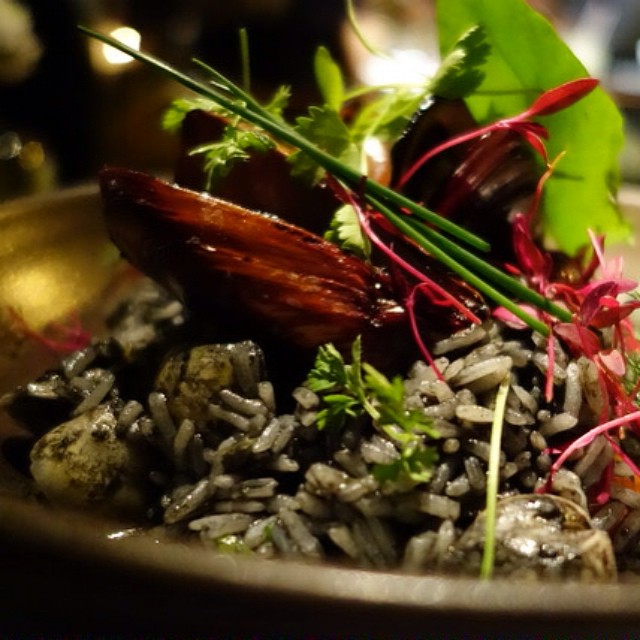 Arroz Tinta de Lula, Mexilhão, Vongole, Especiarias do Peru, Tomatinho e Brotos